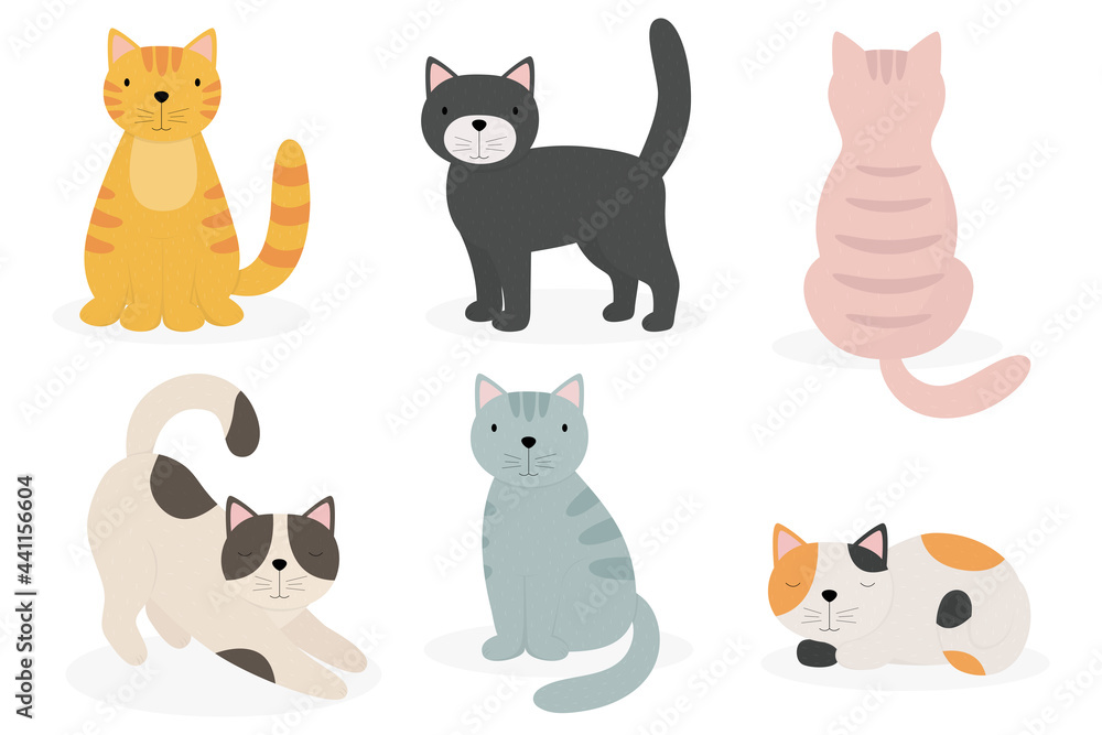 A set of hand-drawn illustrations of cartoon cats. Suitable for children's design, greeting cards, party invitations, fashion design, poster. Vector illustration A set of hand-drawn illustrations of cartoon cats. Suitable for children's design, greeting cards, party invitations, fashion design, poster. Vector illustration