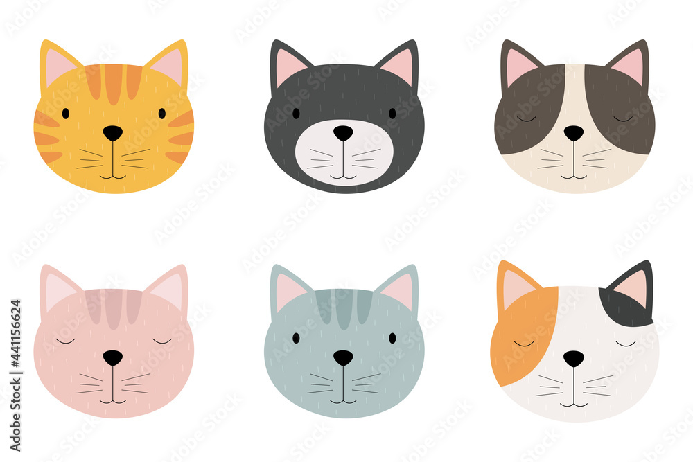 A set of hand-drawn cartoon cat faces. Suitable for children's posters, fashion design, party invitations, birthday cards. Vector illustration