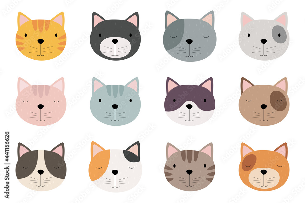 A set of cute cartoon cat faces. Suitable for children's posters, fashion design, party invitations, birthday cards. Vector illustration