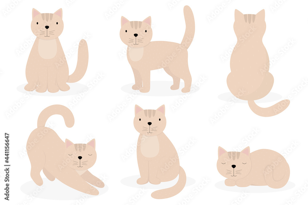 Cute cartoon cat in different poses. Suitable for children's design, greeting cards, party invitations, fashion design, poster. Vector illustration Cute cartoon cat in different poses. Suitable for children's design, greeting cards, party invitations, fashion design, poster. Vector illustration