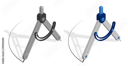 Isometric compass for sketching. Tool of engineer and designer draws circle. Realistic 3D vector