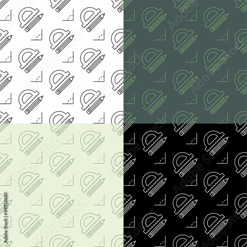 set of seamless patterns with Pencil and school protractor. Ornament for decoration and printing on fabric. Design element. Vector
