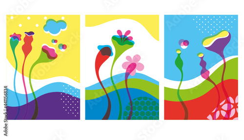 Collection of abstract background designs, bizarre flowers, summer sale, social media promotional content. Vector illustration