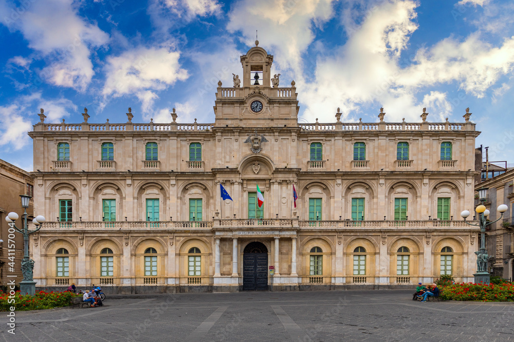 Historical building of the oldest University in Sicily, it's academic nickname Siculorum Gymnasium is to be seen over the entrance. Catania, Sicily, Italy.