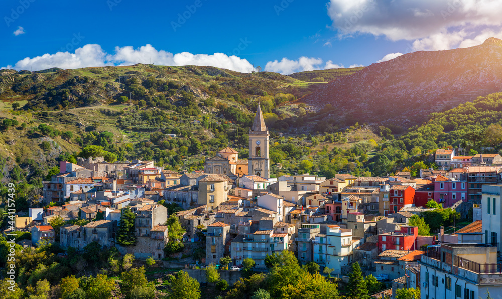 Obraz premium Amazing cityscape of Novara di Sicilia town. Aerial view of Novara di Sicilia, Sicily, Italy, Europe. Mountain village Novara di Sicilia, Sicily, Italy.