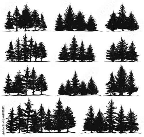 Christmas trees silhouettes. Spruce nature fir trees, coniferous forest evergreen pines isolated vector illustration set