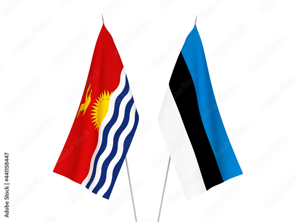 National fabric flags of Republic of Kiribati and Estonia isolated on white background. 3d rendering illustration.