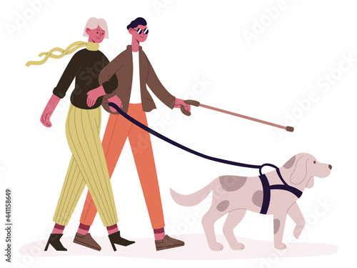 Blind couple with guide dog. Disabled man and woman walking with guide dog, blind couple and service animal vector illustration. Handicapped people concept