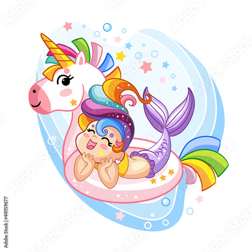 Vector kawaii and cute mermaid in inflatable circle