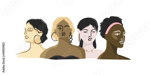 Group of abstract women in sepia tones isolated on white. Girls portraits of different nationalities in a contemporary line style. Banner concept of female power and sisterhood. Vector illustration.