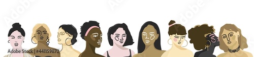 Horizontal banner with portraits of girls of different nationalities in a modern style isolated on white. Collection of beautiful young women's faces. Sisterhood and feminism. Vector illustration