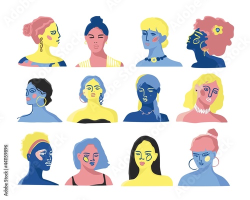 Set of decorative modern portraits of women of different nationalities isolated on white. Collection of colored girls ' faces drawn with a line in an artistic style for stickers. Vector illustration