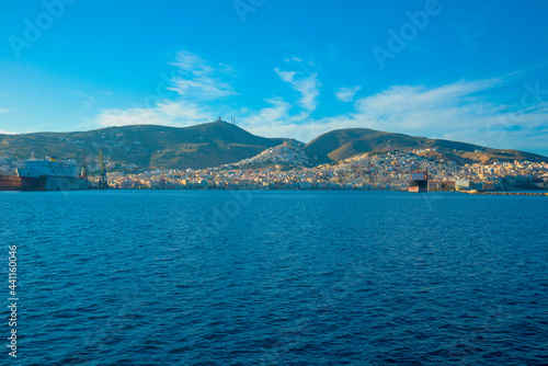 Greece ithaki island, panoramic view of the sea by the main harbor of ithaka island photo