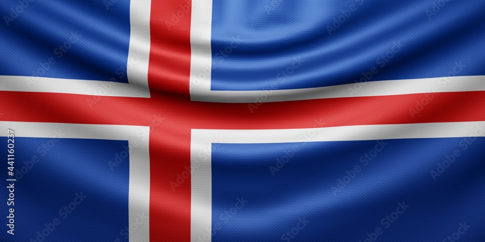 Fototapeta premium Hanging wavy national flag of Iceland with texture. 3d render.