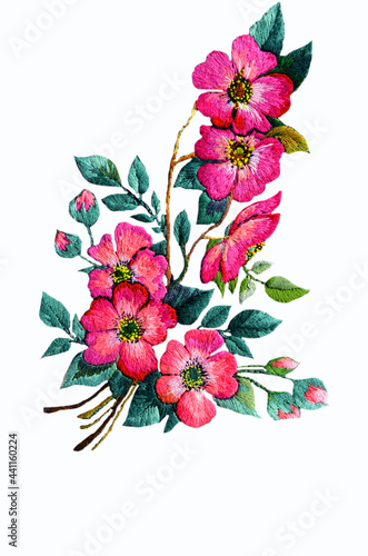 Embroidered pink apple-tree flowers on a white background, Ukrainian folk embroidery, beautiful ornament for fabric decor