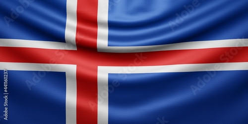 Hanging wavy national flag of Iceland with texture. 3d render.