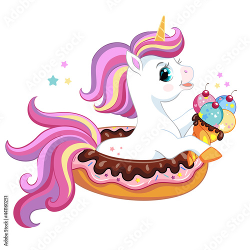 Cute cartoon unicorn on donut vector illustration