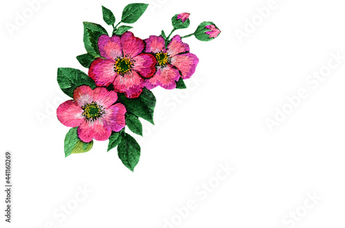 Embroidered pink apple-tree flowers on a white background, Ukrainian folk embroidery, beautiful ornament for fabric decor