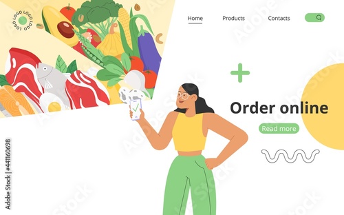 Concept of order food online. Flat vector illustration with dietetic or organic products or balanced nutrition. A young woman uses a mobile app or website to order or delivery.
