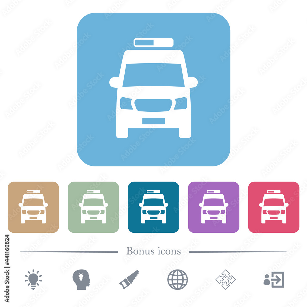 Ambulance car front view flat icons on color rounded square backgrounds Ambulance car front view flat icons on color rounded square backgrounds