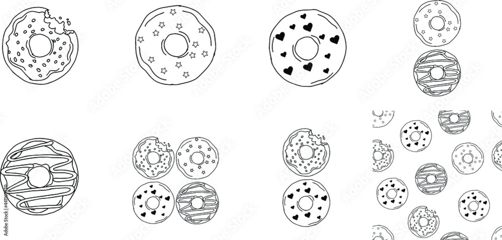Donut hand drawn illustration. set of vector donuts for your design. doodle isolated on white background Donut hand drawn illustration. set of vector donuts for your design. doodle isolated on white background