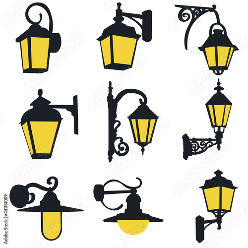 set of street wall lamp, isolated, vector