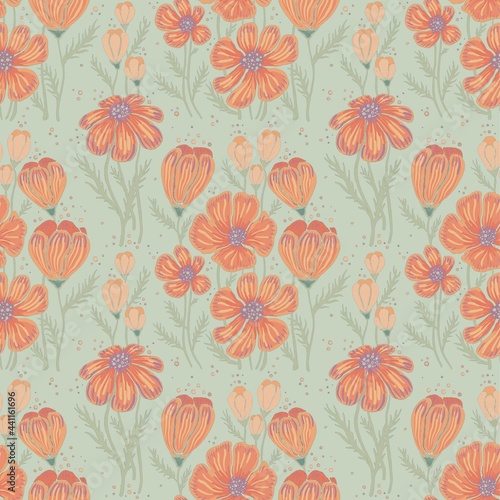 seamless floral pattern with orange flowers on a light green background