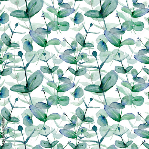 Green eucalyptus twigs watercolor seamless pattern design