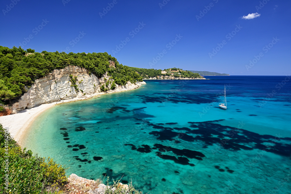 Turquoise water in Spartines bay on the Greek island of Alonissos