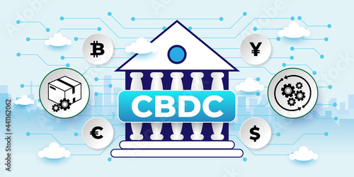 CBDC. Central bank digital currency concept with icons. Cartoon Vector People Illustration