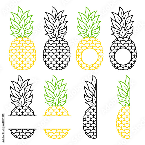 Pineapple monogram. Collection of juicy tropical fruits. Vector outline illustration. Flat style. Hand-drawn. Isolated on white background. Decorative pineapples for your design.