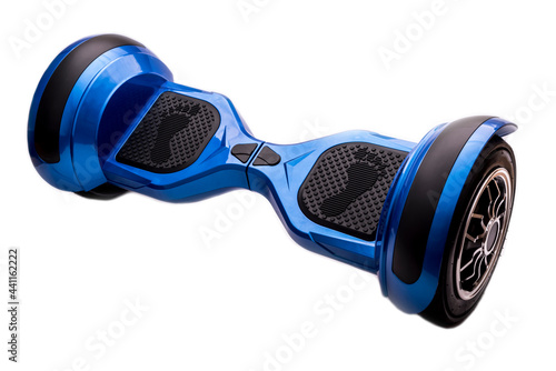 Self-balancing two-wheeled board or hoverboard scooter isolated on white background. Gyroboard: blue gyroboard on white background. New movement