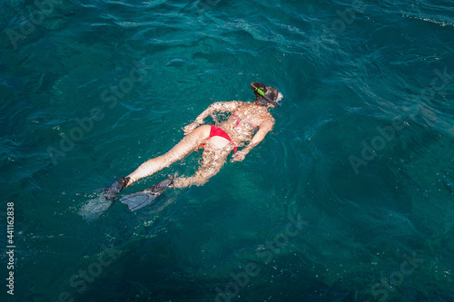 group of friends young tourists snorkels on the surface of the Caribbean Sea in flippers and masks