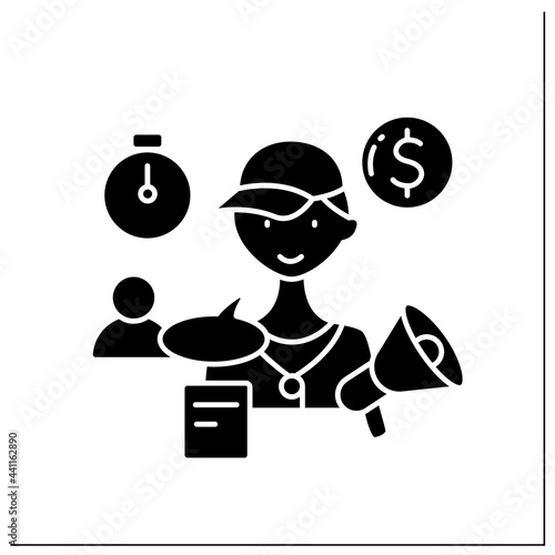 Personal trainer glyph icon. Training people in gym. Sport life. Individual workout. Small business owner concept. Filled flat sign. Isolated silhouette vector illustration