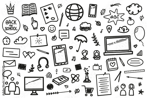 Back to school. Set of hand drawn stationery. Freehand black elements on white. Welcome back to school design. Abstract education illustration