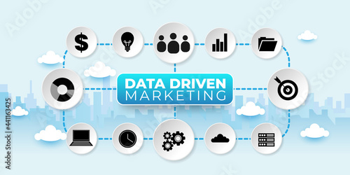 Data driven marketing concept with icons. Cartoon Vector People Illustration