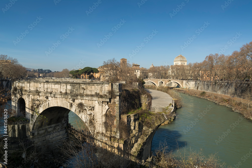 partially destroyed 2,200-year-old Pons Aemilius, also called Ponte Rotto (Broken Bridge) on Tiber river, as seen from  Ponte Palatino, Rome, Italy
