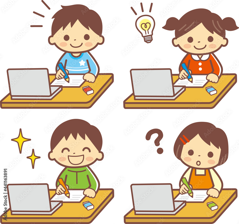 オンライン学習する子供のイラスト＿ ライン有ブラウン