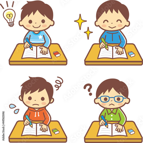 勉強する男の子のイラスト_ライン有ブラウン