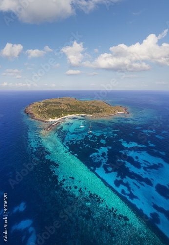View of the uninhabited islet of Psathoura of volcanic origin and partially submerged is part of the Marine Park of Alonissos in the Northern Sporades in Greece