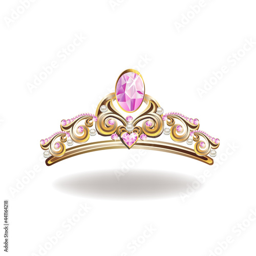 Princess crown or tiara with pearls and pink gems in the shape of a heart vector illustration isolated on white background.