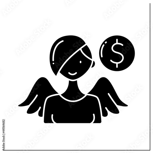 Female angel investor glyph icon.Investors who help willing to invest in promising, start-up opportunities. Good funding source.Filled flat sign. Isolated silhouette vector illustration