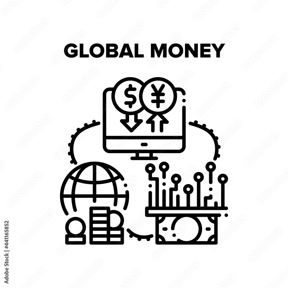 Global Money Vector Icon Concept. Global Money, Internet Online Currency Exchange On Computer And Electronic Digital Funds. International Trade Market Selling And Buying Coins Black Illustration Global Money Vector Icon Concept. Global Money, Internet Online Currency Exchange On Computer And Electronic Digital Funds. International Trade Market Selling And Buying Coins Black Illustration