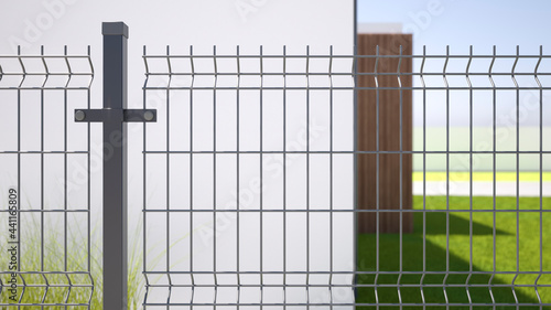 Photographie Grating wire industrial fence panels, pvc metal fence panel - 3D illustration