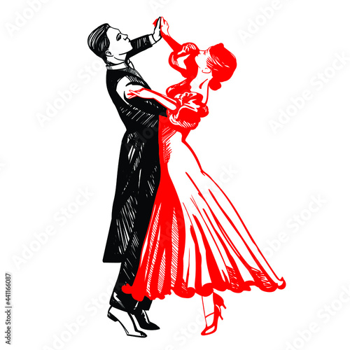 Couple dancing passionate dance. Suitable for waltz and others. Vector illustration, freehand drawing.