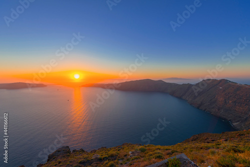 Greece Santorini island Oia sunset  view above caldera with sea background in Cyclades