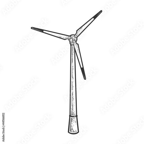 Wind turbine line art sketch engraving vector illustration. T-shirt apparel print design. Scratch board imitation. Black and white hand drawn image.
