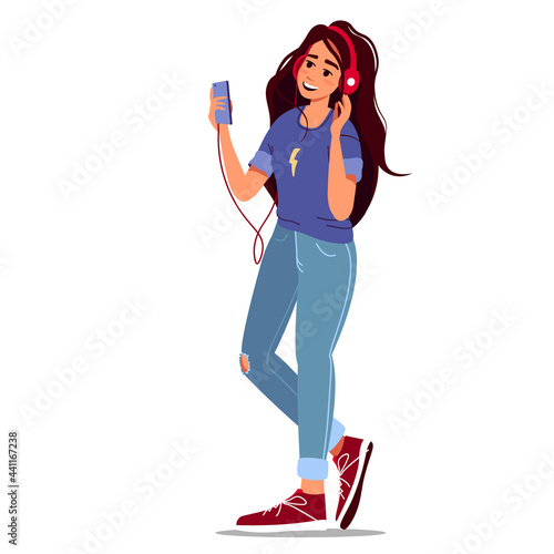 A cute girl communicates by video call or takes a selfie. woman with smartphone. Mobile Internet, social networks, modern communication technologies. Flat cartoon vector illustration