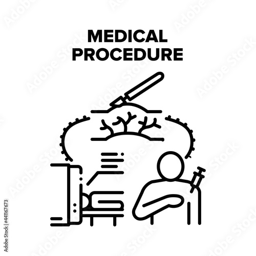 Medical Procedure Treatment Vector Icon Concept. Medical Procedure Treatment, Injection With Syringe, Surgical Incision With Scalpel And Health Examination In Mri Equipment Black Illustration