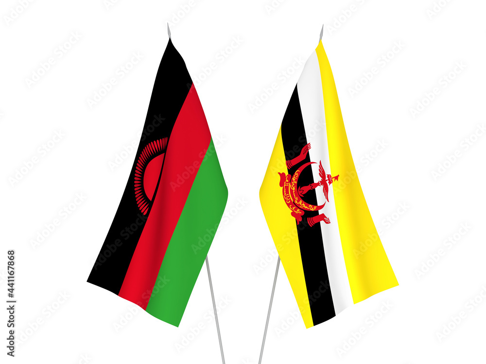National fabric flags of Malawi and Brunei isolated on white background. 3d rendering illustration.
